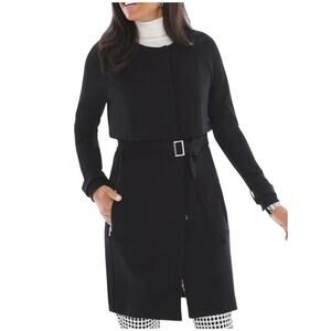 Chico's Sz 1 / US M Black Trench Topper Jacket Coat Tie-Belt Elegant Flattering